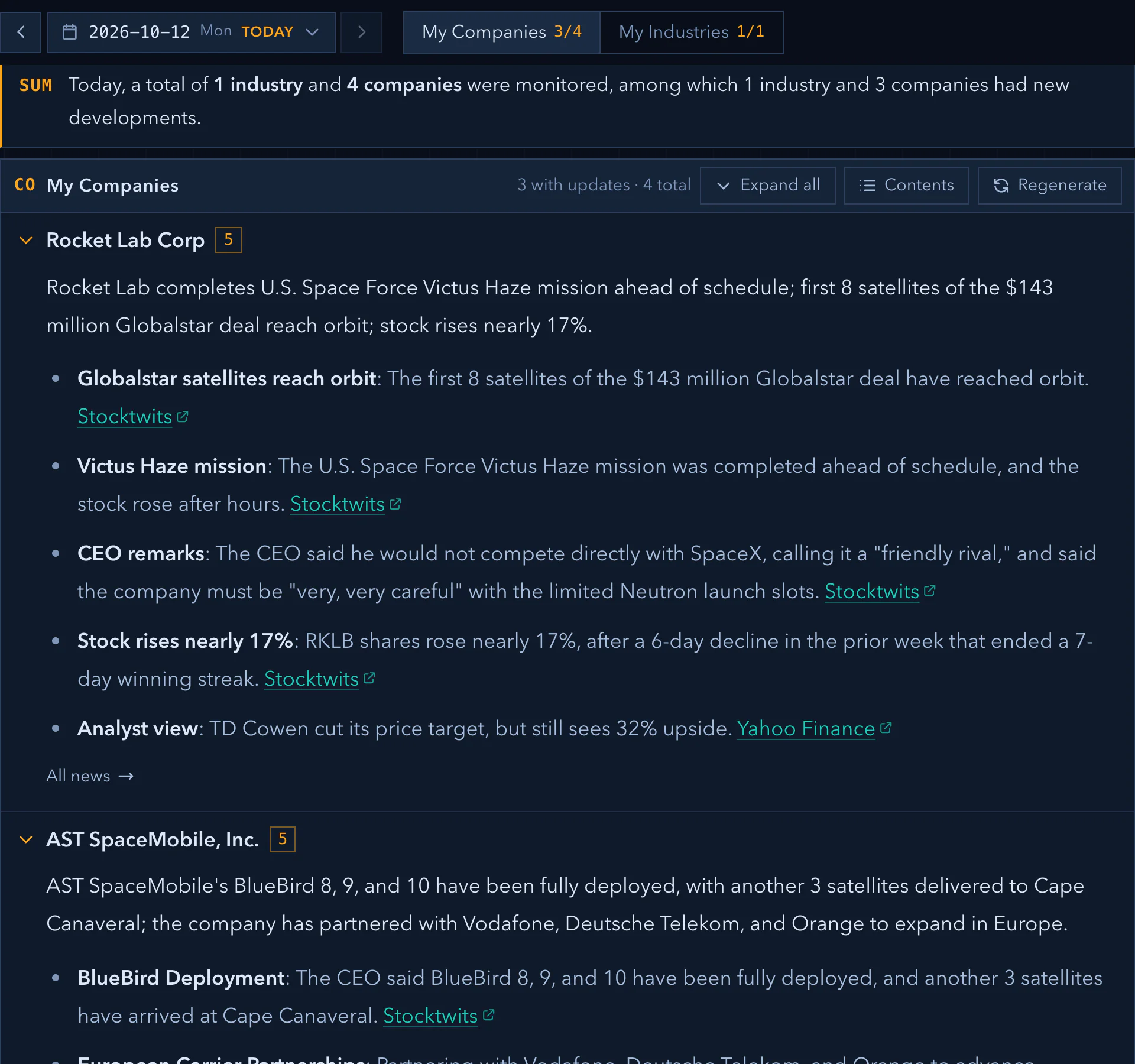 My brief: a section for each followed company such as Rocket Lab and AST SpaceMobile, a one-line takeaway, then the key points, each followed by a link to the source