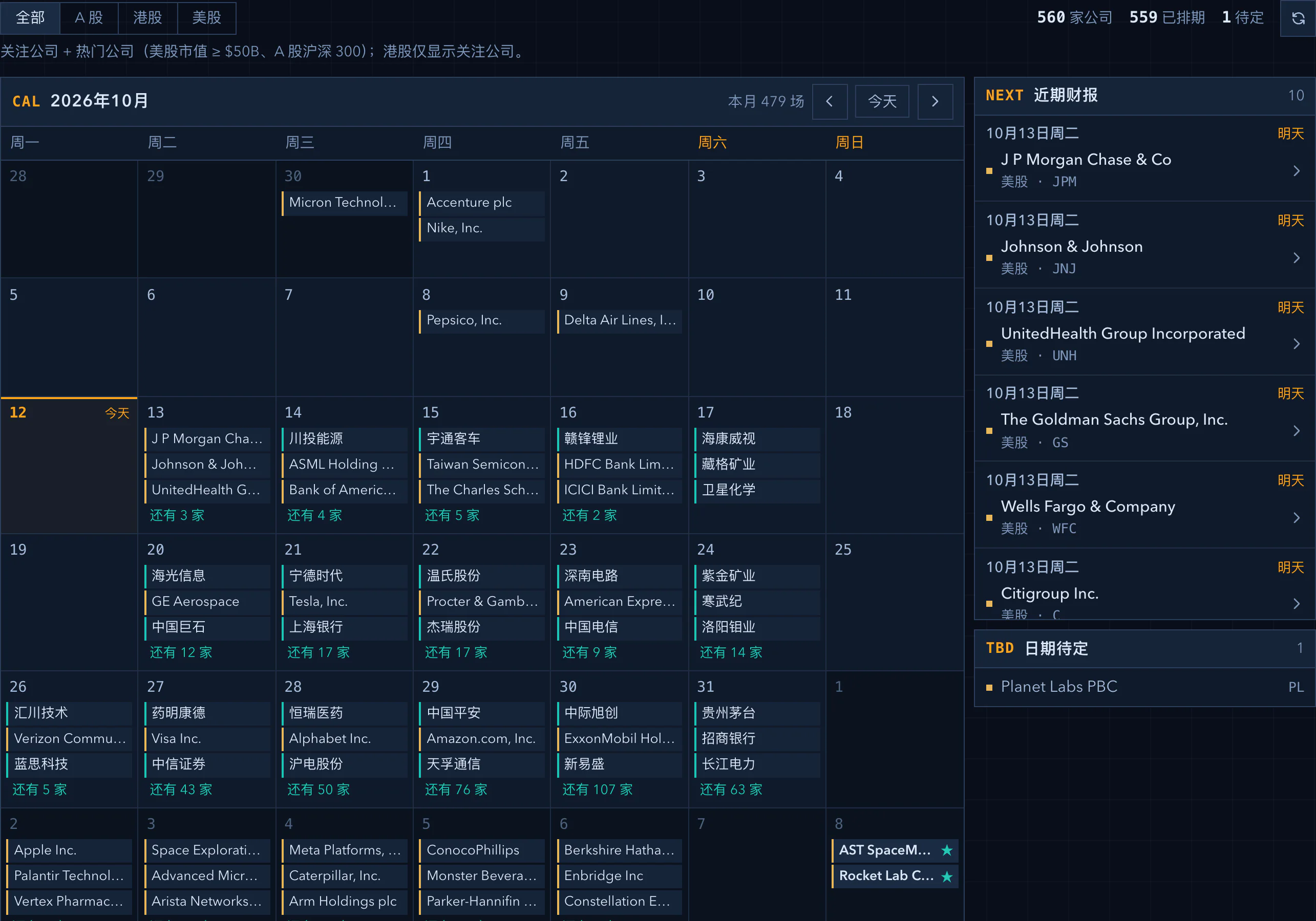 财报日历的月视图：每天列出发布财报的公司，关注的公司带星标，右侧是接下来几天的财报和日期待定的公司
