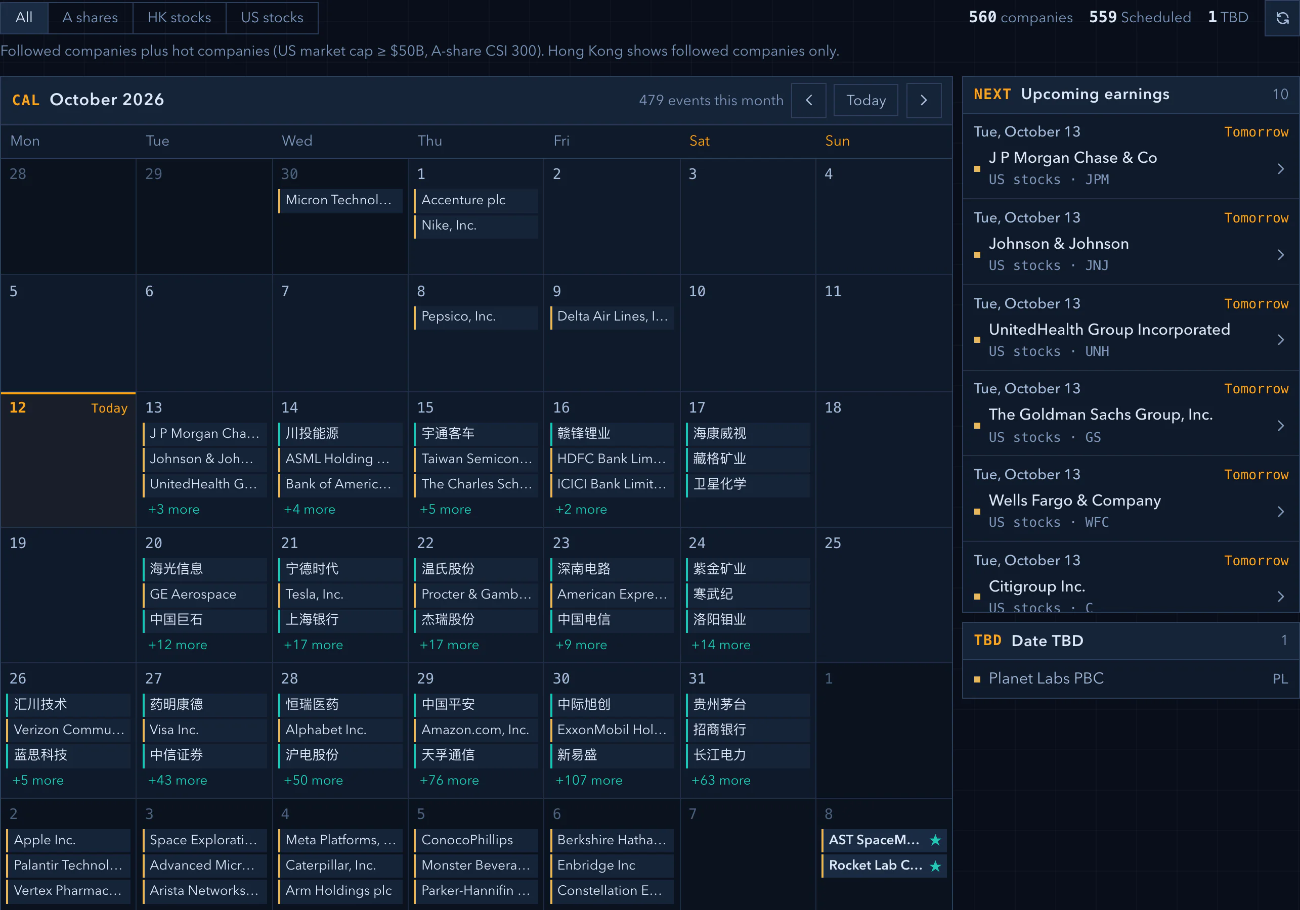 The earnings calendar's month view: the companies reporting each day, followed ones starred, with the next few days' reports and the companies whose date is still to be announced on the right